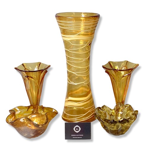 29 - A Job lot of vintage Continental Amber glass. Including a pair of Art Deco Czech vases, A large hand... 