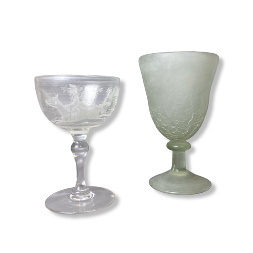 27 - A Georgian engraved Hunt scene wine glass, together with a hand-blown crackle wine glass.