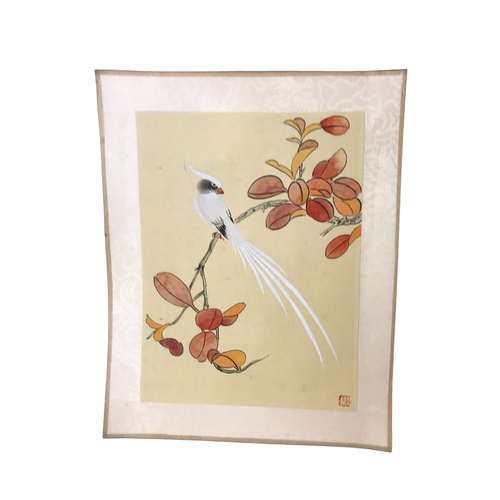 52 - A Chinese scroll, a wall hanging tile and silk painting