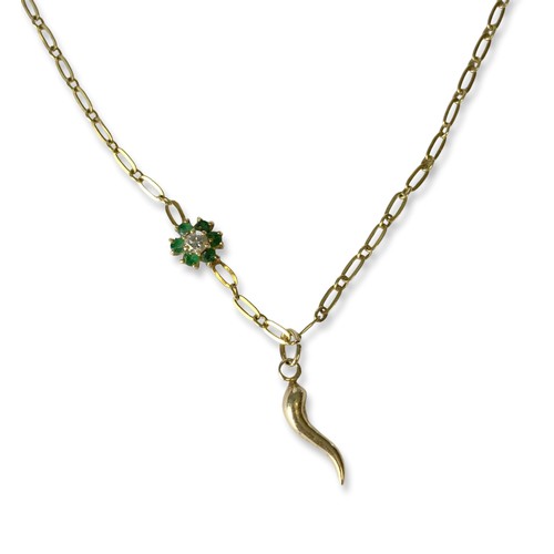 15 - An 18Ct Gold, Diamond & Emerald necklace and pendant. A central flower shape pendant, with a round-c... 