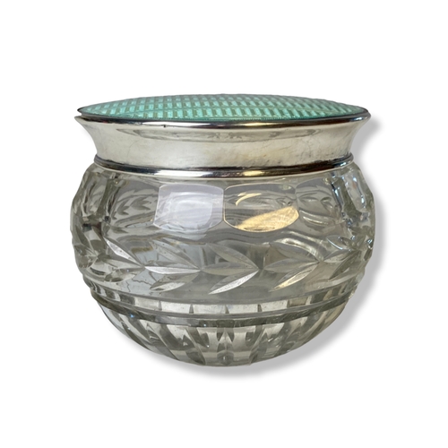 22 - An Art Deco Silver & green Guilloche powder box. With a Cut glass bowl. Silver hallmarks for Birming... 