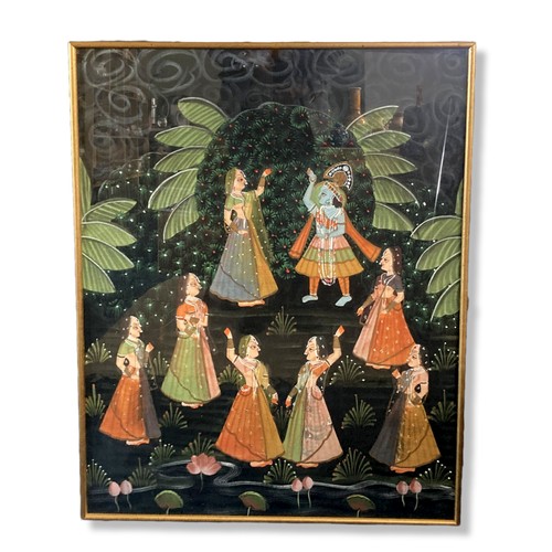 126 - A very large hand painted Indian Silk Pichwai painting.
In Gilt frame.
96 x 76 cm