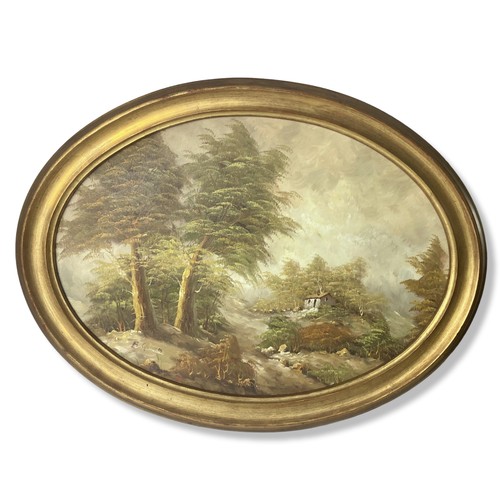 129 - Framed & signed Oval Oil on board landscape scene.
Measures - 80 x 63 cm