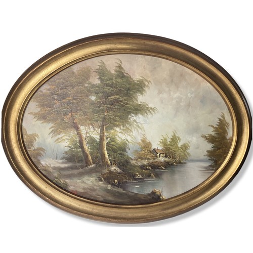 130 - Framed & signed Oval Oil on board landscape scene.
Measures - 80 x 63 cm