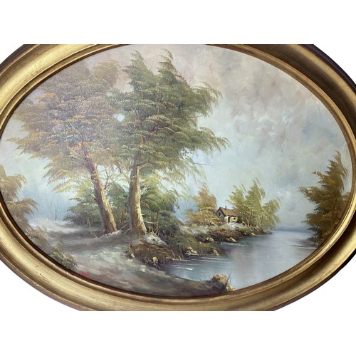 130 - Framed & signed Oval Oil on board landscape scene.
Measures - 80 x 63 cm