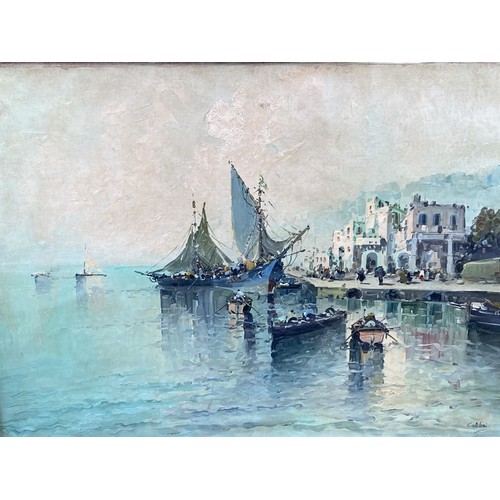 109 - A large Signed Oil on Canvas painting of Harbour scene.
84 x 65CM