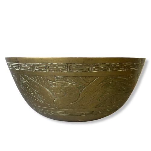 145 - Three Chinese engraved Brass bowls.