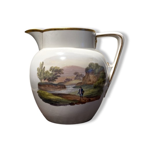 152 - An Staffordshire, Regency porcelain Jug. hand-painted rural scenes. 
18 x 21 cm