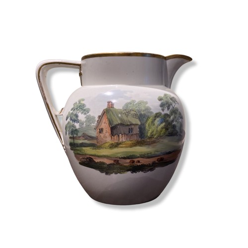 152 - An Staffordshire, Regency porcelain Jug. hand-painted rural scenes. 
18 x 21 cm