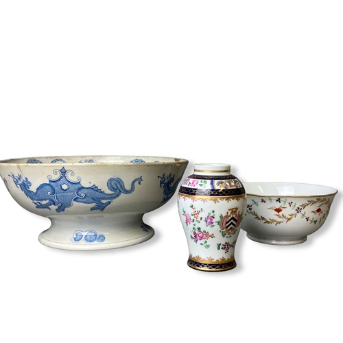 154 - A collection of European porcelains, including a Derby bowl, Sampson vase and Fruit bowl.