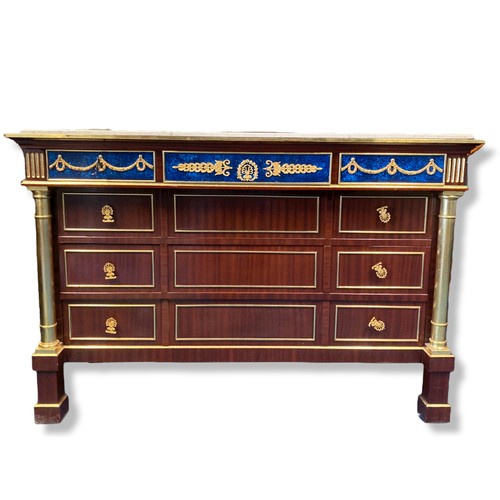 212 - A French Empire style Commode. With marble top, parcel-gilt and faux malachite drawer fronts.