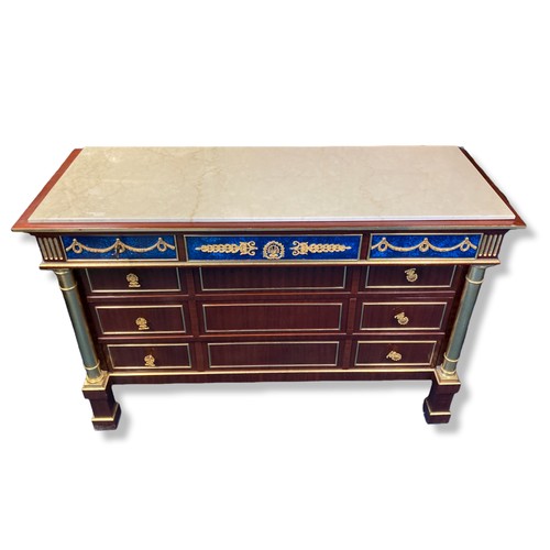 212 - A French Empire style Commode. With marble top, parcel-gilt and faux malachite drawer fronts.