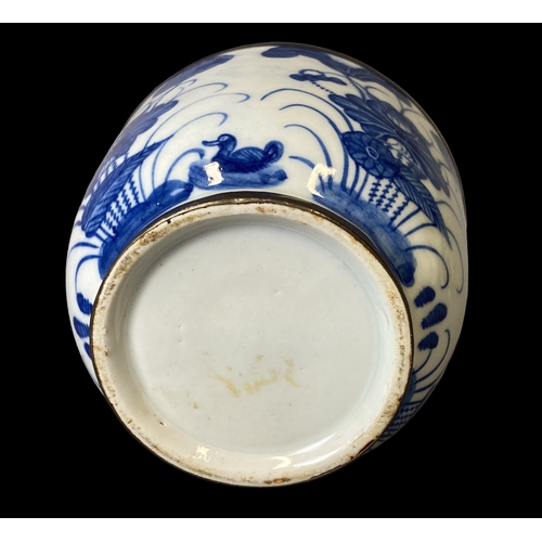 179 - Hand painted Chinese porcelain tea jar & cover. Blue & white painted Pond flowers and Ducks.