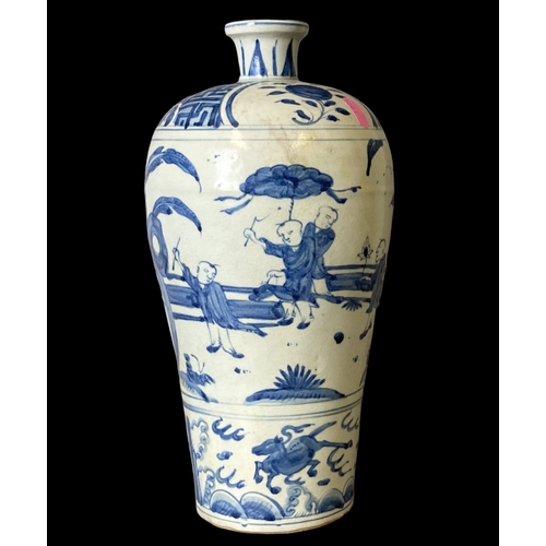 180 - A large Chinese Blue & white Meiping porcelain vase. Ming type decoration, depicting various figures... 