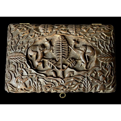 91 - A 19th-century carved Anglo Indian Sandalwood box. Elaborate hand carved Hunt scene with central sce... 