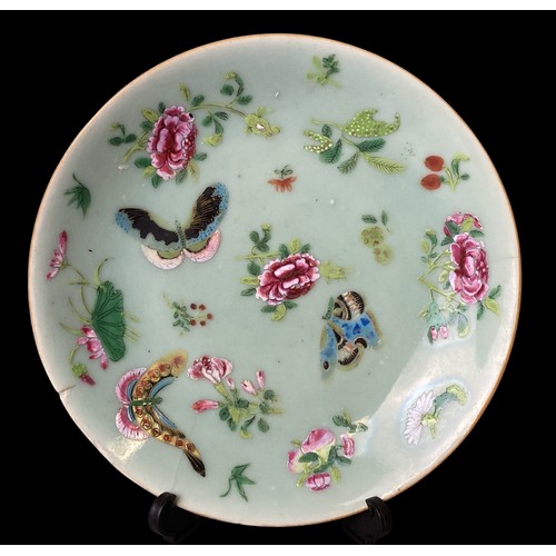 185 - Two antique Chinese porcelain plates. Including a Famille rose decorated on Celadon ground, together... 