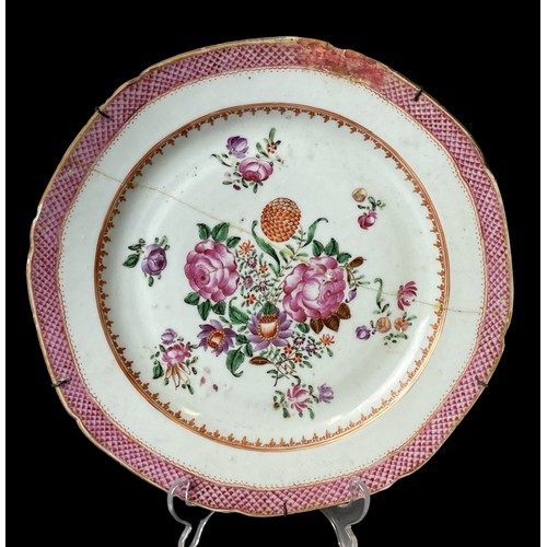 185 - Two antique Chinese porcelain plates. Including a Famille rose decorated on Celadon ground, together... 