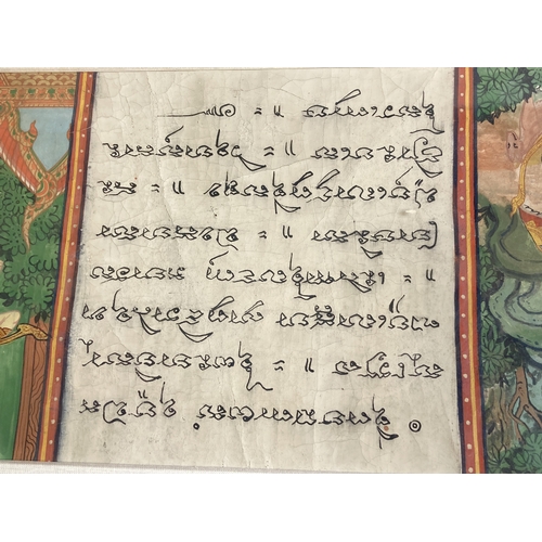 171 - Antique framed Thai Buddhist Khoi paper Manuscript.  Depicting painted Nimi Jataka? scenes either si... 