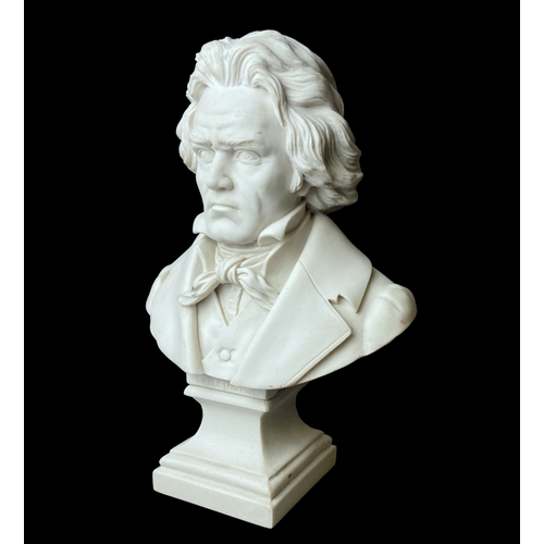 44 - A Victorian Parian porcelain Bust of Beethoven. 
(Delettanti), with Society of Arts medal inset to b... 