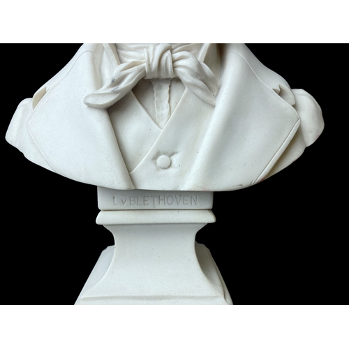 44 - A Victorian Parian porcelain Bust of Beethoven. 
(Delettanti), with Society of Arts medal inset to b... 