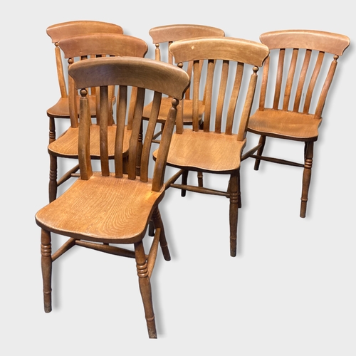 4 - A set of six antique Elm Farmhouse lath back Kitchen chairs.