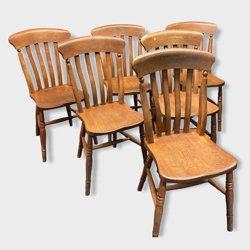 4 - A set of six antique Elm Farmhouse lath back Kitchen chairs.