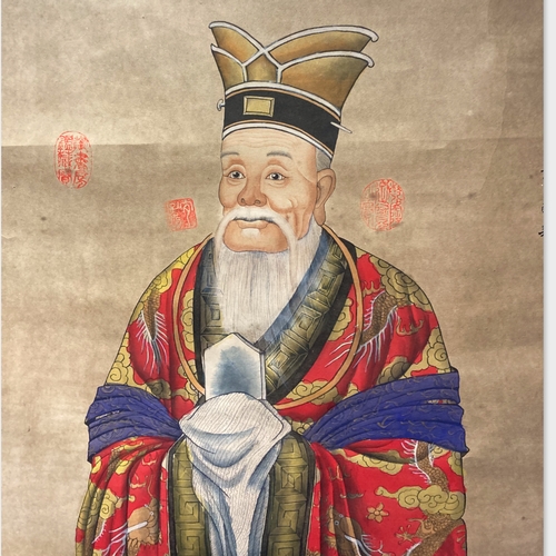 175 - A large Chinese painted scroll an Ancestor portrait.
Approx 5.5ft long.