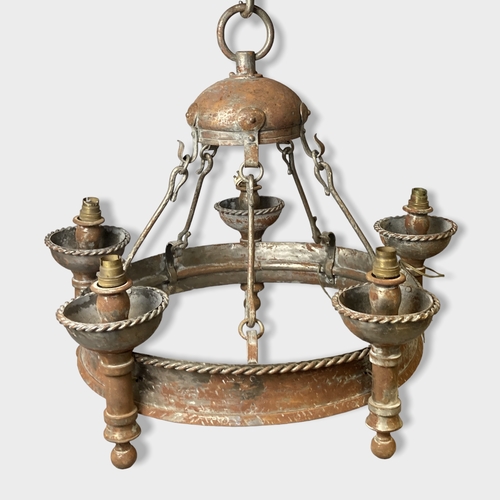 191 - A 19th century large 5-branch Copper on silver ceiling light. 
64cm Diameter