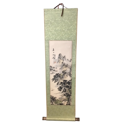 64 - A Chinese scroll, a wall hanging Porcelain tile and silk painting