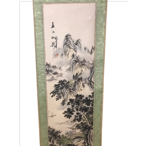 64 - A Chinese scroll, a wall hanging Porcelain tile and silk painting