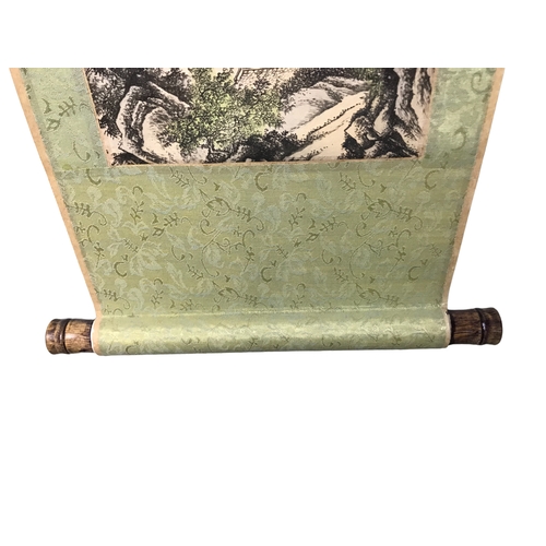 64 - A Chinese scroll, a wall hanging Porcelain tile and silk painting