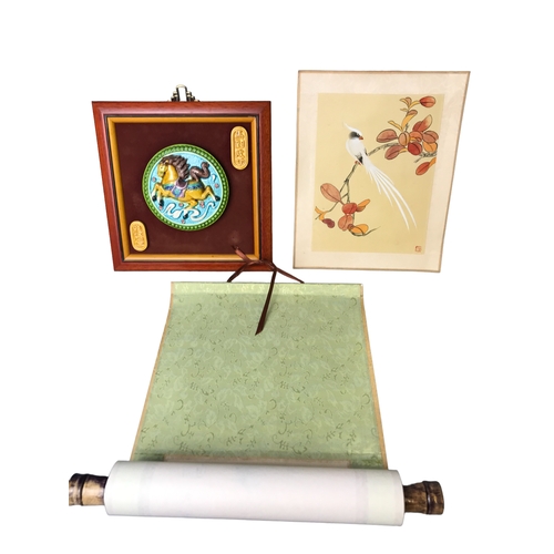 64 - A Chinese scroll, a wall hanging Porcelain tile and silk painting