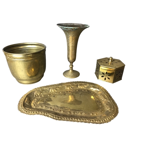 85 - A small collection of Bras items including Jardinière, Vase, tray