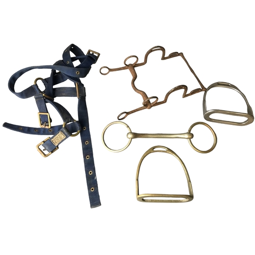 86 - a collection of Horse parehphenalia including bits and Stirrup