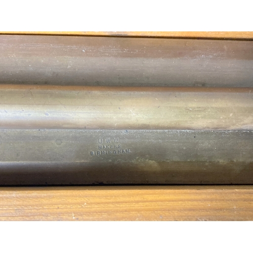 92 - Antique U.W.W. makers Birmingham brass parallel rolling rule. In original box.