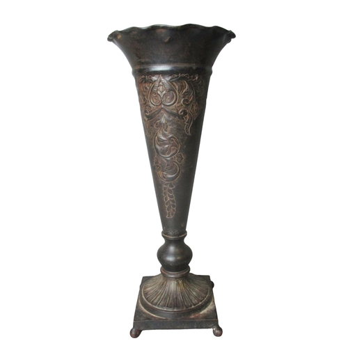 98 - Vintage embossed Bronzed metal trumpet vase. 
36cm Tall