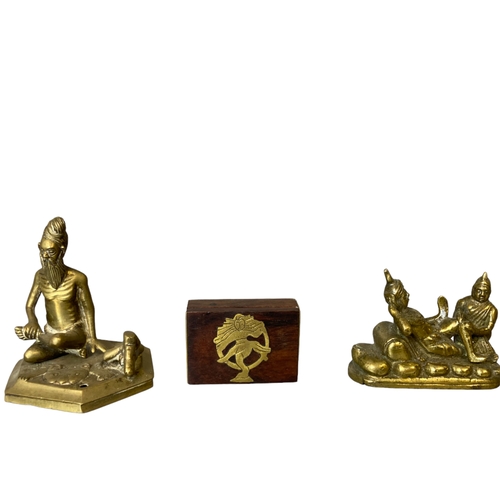 99 - two Indian Bronze / Brass figures together with a inlaid snuff box.