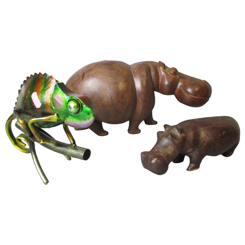 107 - Two Wooden Carved African Hippopotamuses and a metal Chameleon