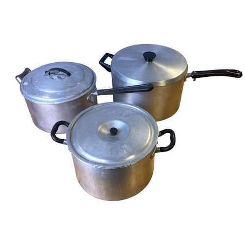 116 - Three vintage Aluminium sauce pans & lids. Including Swan brand and Red Rose.