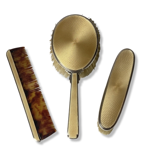 124 - Art Deco Silver & Guilloche enamel Brush set. Classical Deco form to shoulder with tight concentric ... 