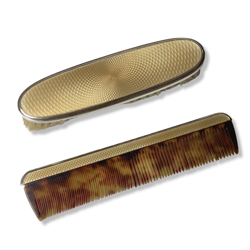 124 - Art Deco Silver & Guilloche enamel Brush set. Classical Deco form to shoulder with tight concentric ... 