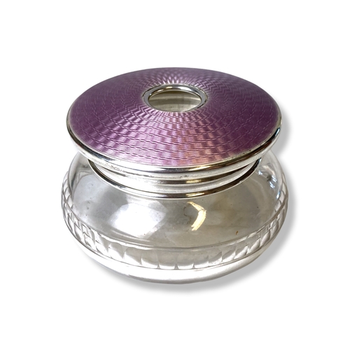 125 - A large Art Deco Silver & Guilloche enamel Powder box. On cut glass base. Hallmarks for Birmingham 1... 