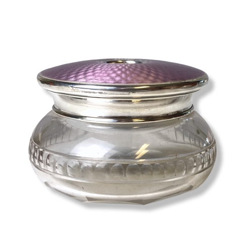125 - A large Art Deco Silver & Guilloche enamel Powder box. On cut glass base. Hallmarks for Birmingham 1... 