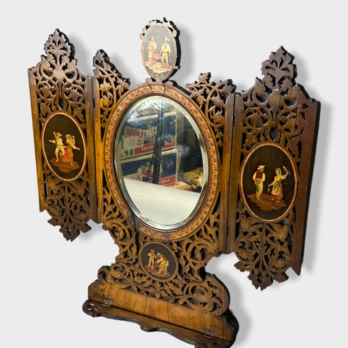 94 - A 19th Century Sorrento Ware walnut wall mirror, the hinged fretwork panels inlaid with figurative v... 