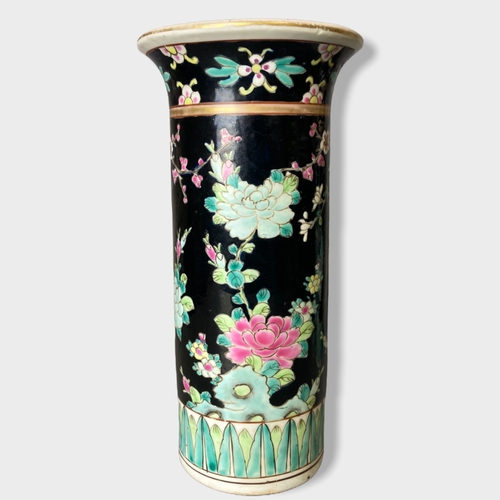 154 - A pair of Japanese Yamatoku porcelain sleeve vases. Black ground with painted enamels with exotic bi... 