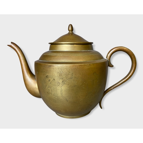 150 - A collection of Chinese teapots. Includes a Yixing relief moulded example, engraved Brass and Cast I... 