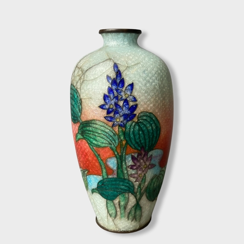 136 - Two Meiji period Japanese Cloisonne vases. One depicting a large blossoming flower on a grey ground.... 