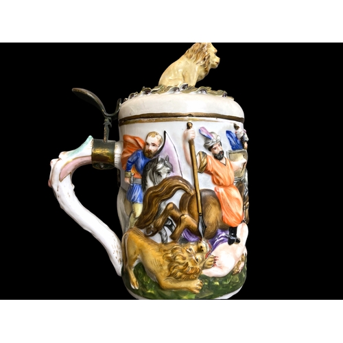 76 - A 19th C. Doccia-Ginori, Capodimonte Napoli, Large Hunting Scene Lidded Tankard / Stein.
Decorated w... 