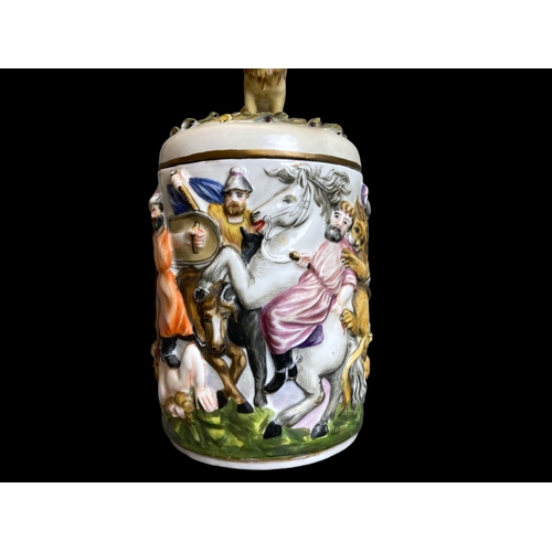 76 - A 19th C. Doccia-Ginori, Capodimonte Napoli, Large Hunting Scene Lidded Tankard / Stein.
Decorated w... 