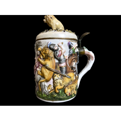 76 - A 19th C. Doccia-Ginori, Capodimonte Napoli, Large Hunting Scene Lidded Tankard / Stein.
Decorated w... 